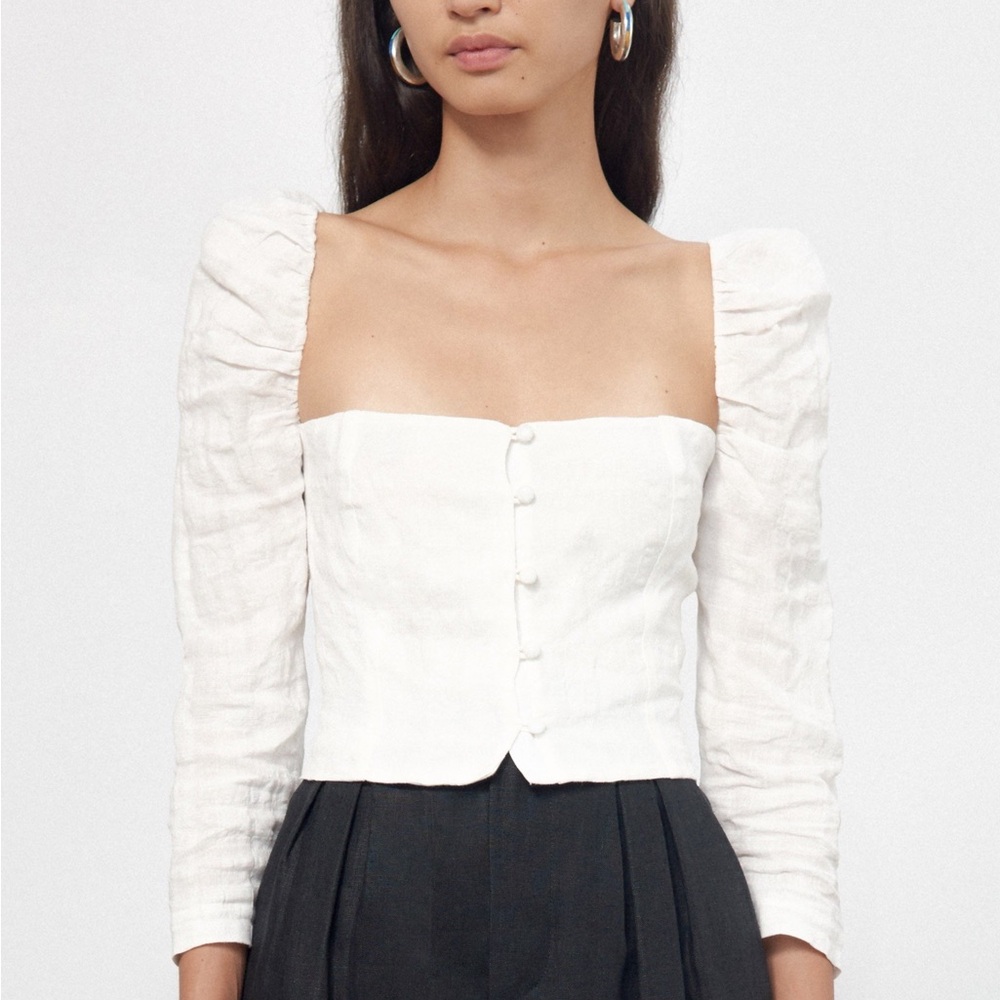 Mara Hoffman White Button-Front Square Neck Puff Sleeve Top